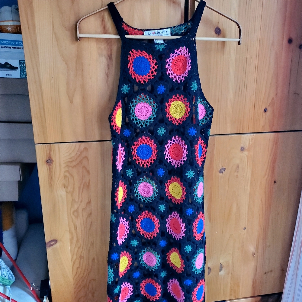 H&M X Coachella Black Crochet Mini Dress Size 6